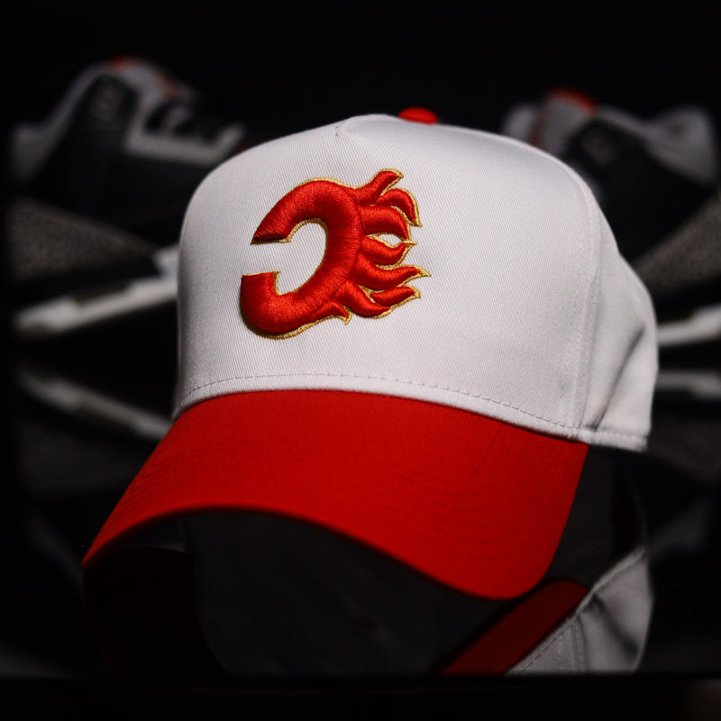 Flames 5 Panel Snapback White Red